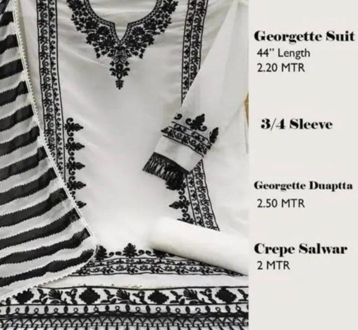 Unstitched Embroidered Georgette Salwar Suit Material | Kashmiri & Chikankari Thread Work | Women Suit Set (White & Black)