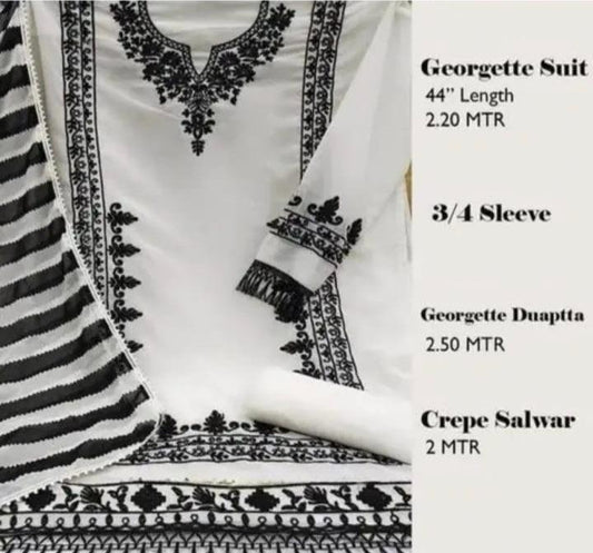 Unstitched Embroidered Georgette Salwar Suit Material | Kashmiri & Chikankari Thread Work | Women Suit Set (White & Black)